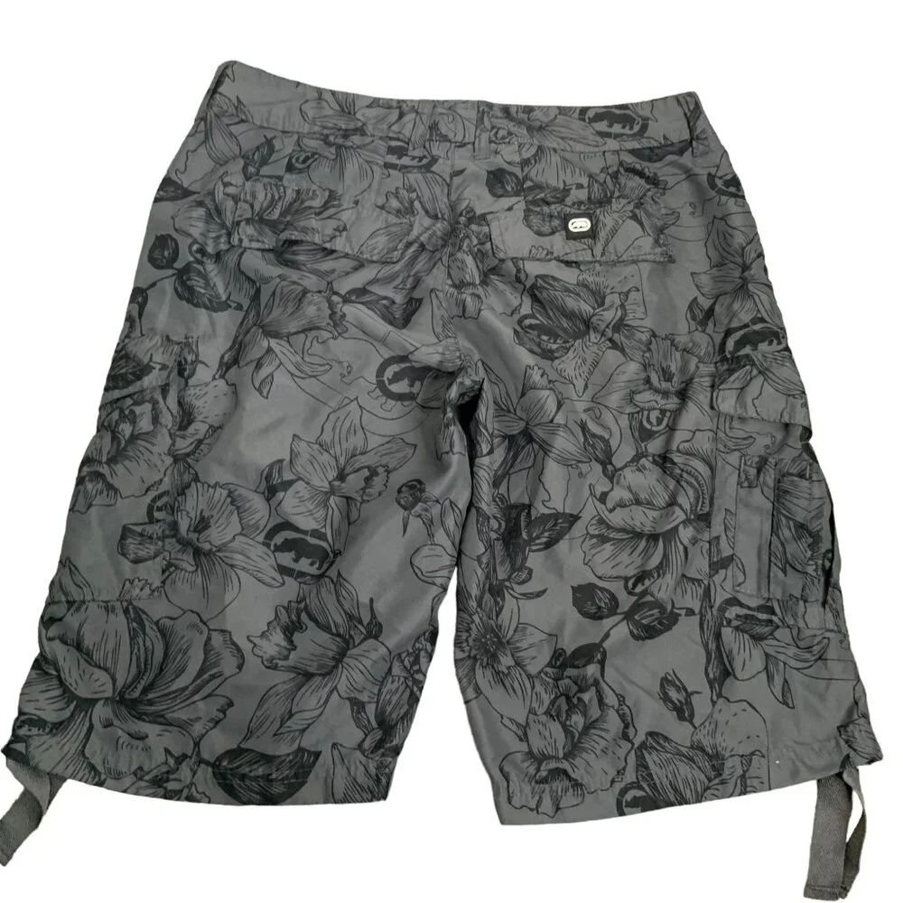 Ecko Unltd Cargo Board Shorts 30 Grey Floral Pockets Drawstring Button Zipper